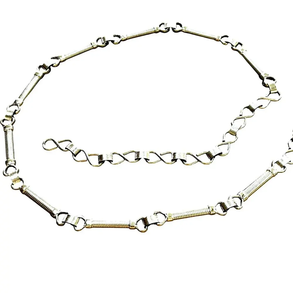 Vintage silvertone metal station chain belt ribbed bar link OS skinny adjustable